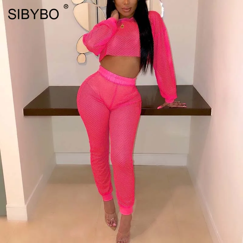 

Sibybo Hollow Out Fish Net Sexy Crop Top and Pants Set High Waist Summer Two Piece Set Women Beachwear Casual Women Tracksuits