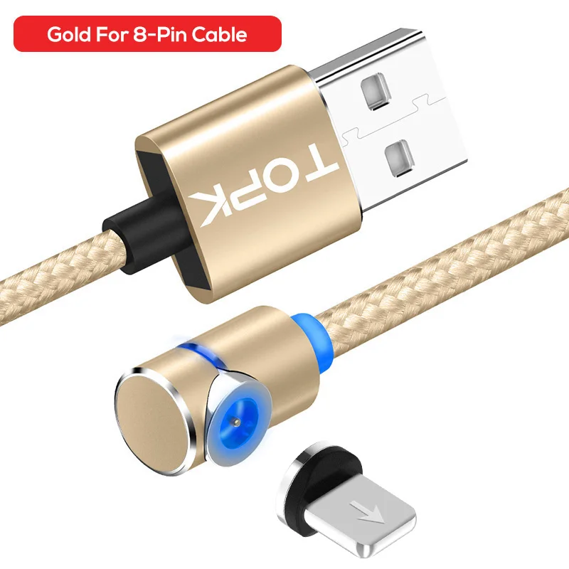 TOPK L-Line1 L Shap 90 градусов Магнитный USB кабель, Магнит usb type C кабель и Micro USB кабель и USB кабель для iPhone X 8 7 Plus - Цвет: Gold 8-Pin Cable