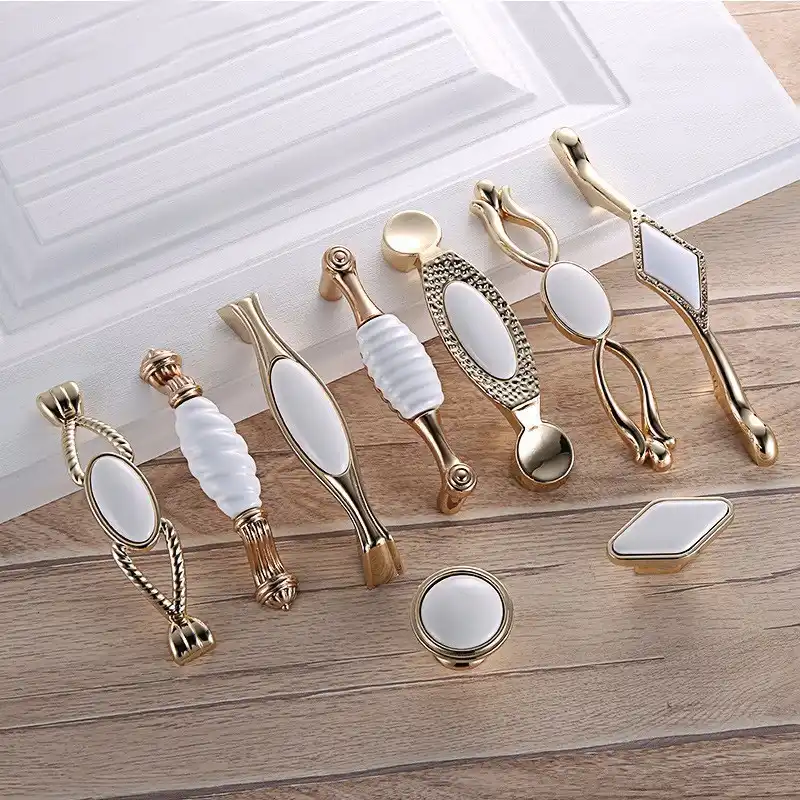 White Creamic Door Handles Drawer Pulls Modern Gold Kitchen