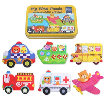 

2018 Hot Selling Baby Toys 6 in 1 Iron Box Cartoon Animals Wooden Puzzle for Children Early Educational Toys Gifts for Kids