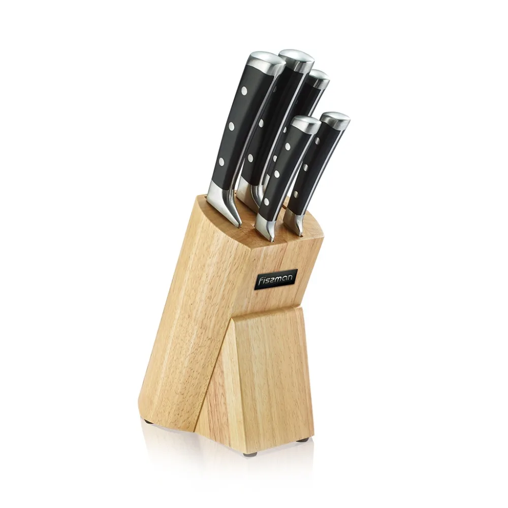 FISSMAN Stainless Steel Kitchen Knife Set with Wooden Knife Block-5pcs Knives inc Chef Santoku Boning Utility Paring Knife