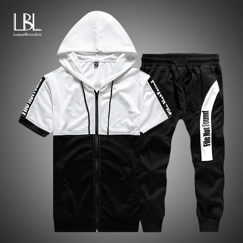 Sudaderas con capucha de verano 2019 para hombre, sudaderas casuales manga corta con capucha, chándal delgado para hombre, 2 sudaderas con capucha y pantalones cortos para con y sudaderas| -