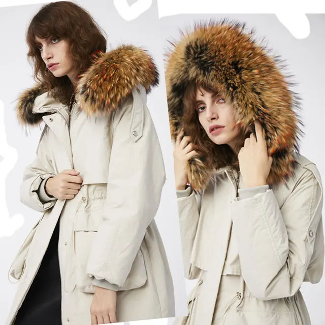 

Wholesale Anti-season promotion big real fur hooded warm down jacket female hooded white goose down coat for cold weather wq2272