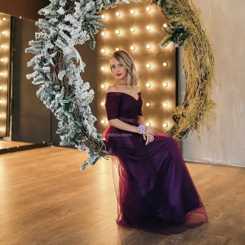 

Beauty Emily Grape Purple Evening Dresses 2019 Long for Women A line Half Sleeve Formal Evening Gowns Party Prom Dresses