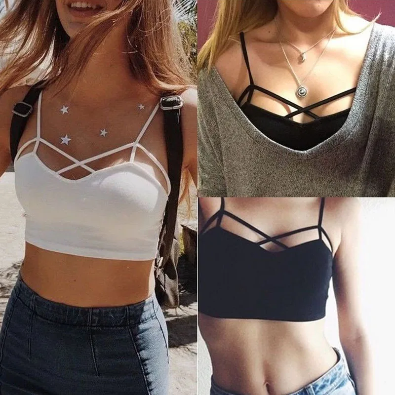 

New Sexy Women Cut Out White Bra Bustier Crop Top Bralette Strappy Crochet Cropped Blusas Bandage Halter Tank Tops Camisole