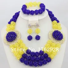 Чудесные ожерелья ручной работы желтый/Королевский Голубой Кристалл бальный костюм ожерелья нигерийские Свадебные африканские бусы комплект ювелирных изделий C000372