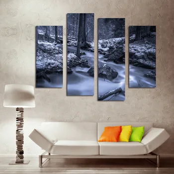 

4 Panels Dark Painting for Living Room Forest And Stream Landscape Cuadros Decoracion Wall Art Pictures No Frame Print Poster