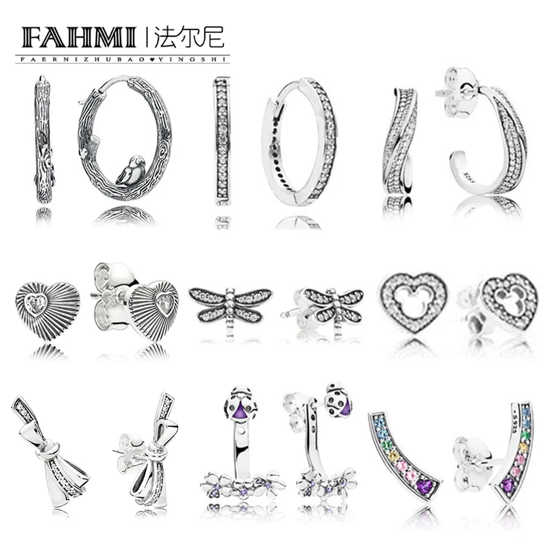 

FAHMI 100% 925 Sterling Silver 1:1 Genuine Glamour Original Smiley Feather Colorful Rainbow Women Earrings Heart Shape Earring