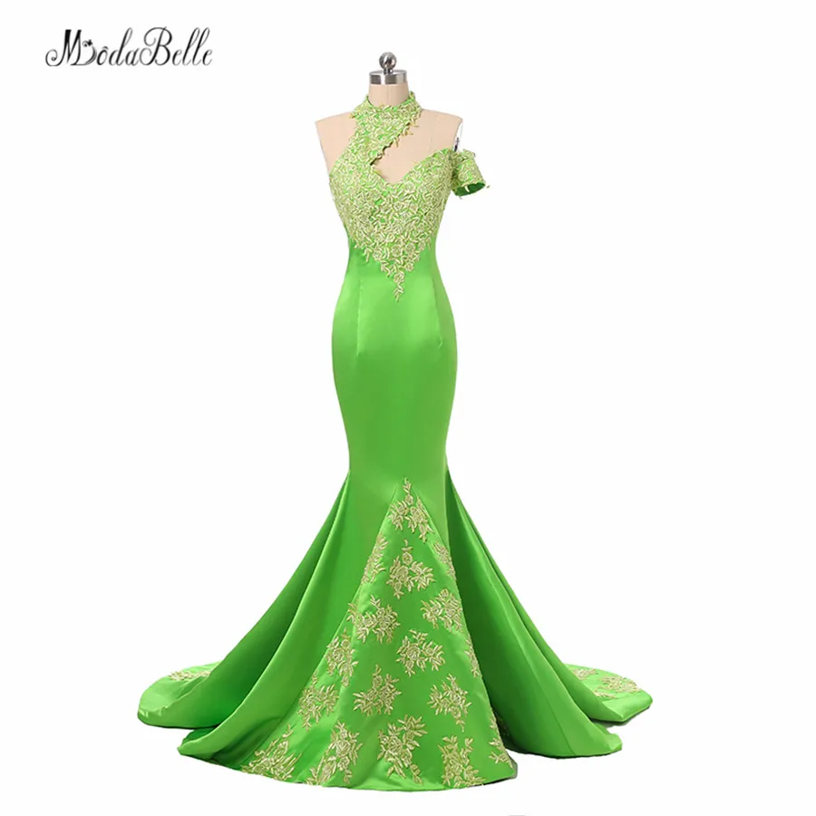 

modabelle High Neck Ladies Formal Dress Women Lace Abiye 2017 Dubai Gold Applique Green Mermaid Evening Dresses Long Party Dress
