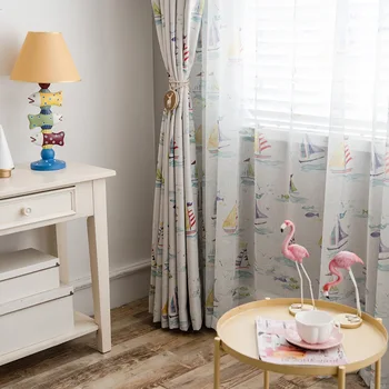 

Sailboat design printing modern cartoon children's curtains, black silk shading curtain
