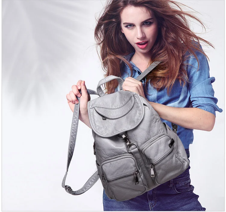 Mochila de Couro Feminina à Prova Lavado Macio D'água Vintage Multifuncional 2 Mochila de couro lavado macio, feminina, à