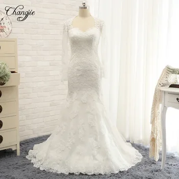 

Robe de mariee Sexy Mermaid Wedding Dresses 2018 Sweetheart Long Sleeves Court Train Lace Button Back Bridal Gowns
