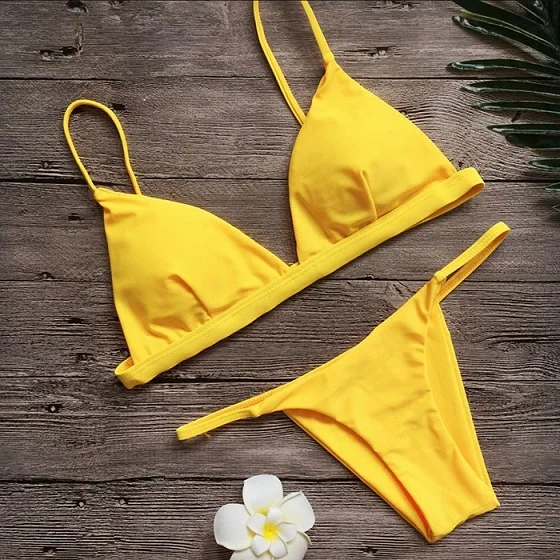 Комплект бикини, сексуальный купальник пуш-ап, Женский Одноцветный купальник бикини с низкой талией, Женский бандажный купальник, пляжная одежда - Цвет: Yellow