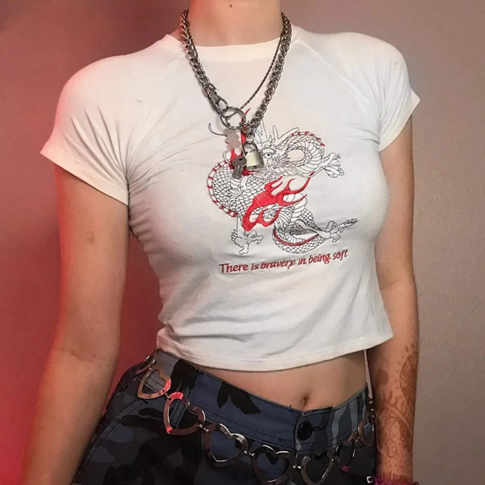 

Cropped Short Sleeve t shirt Women White Dragon Print Streetwear tshirt 2019 Summer Knitted O-neck Crop Top Women Clothes