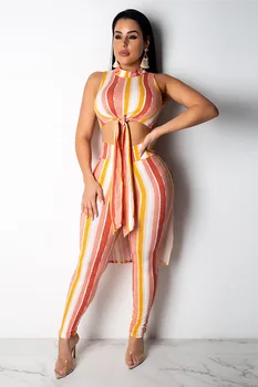 

Women's Fashion Sexy Print Striped O-Neck Sleeveless Two Piece Outfits Chiffon Hollow Out Asymmetrical tops Pencil Pants