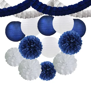 

14PCS Navy Blue White Tissue Paper Pom Pom + Streamers Garland + Paper Lantern Nautical Themed Wedding Bridal Shower Birthday