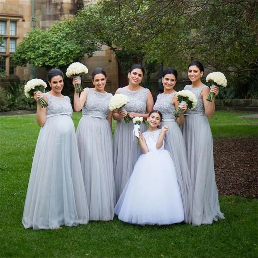 

Sliver Tulle Long Bridesmaid Dresses A Line Floor Length Beaded Appliques Elegant Maid Of Honor Dress 2019 Cheap Party Gowns