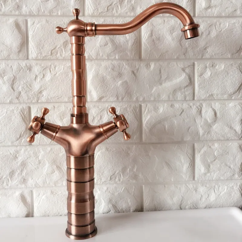 

Antique Red Copper Brass Kitchen Bathroom Vessel Sink Single Hole Basin Swivel Spout Faucet Dual Cross Handles Water Tap arg055