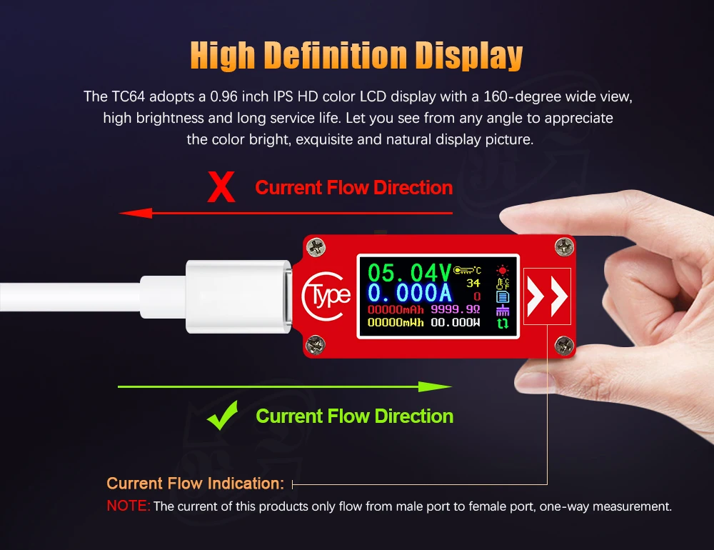 5 шт./лот TC64 Type C цветной ЖК дисплей USB вольтметр тестер амперметр измеритель тока