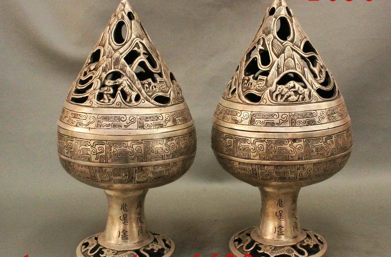 

14" Tibet Silver Tiger Beast People Carriage Statue Censer Incense Burner Pair