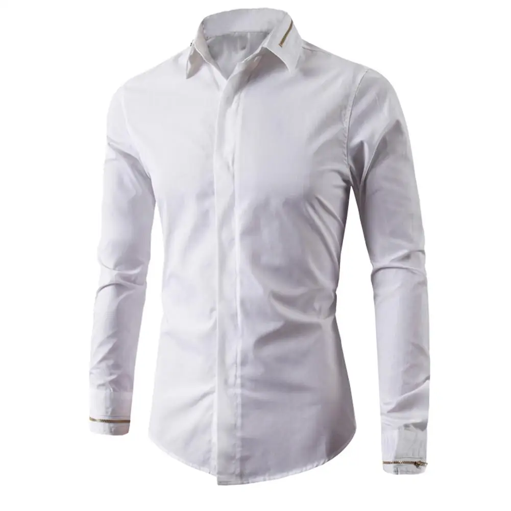 Горячая Мужская весна осень декоративная молния отложной воротник с длинным рукавом рубашка Тонкий Топ