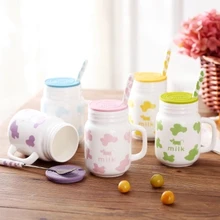 Ceramic cup with milk cow cute couple spoon cover cup coffee mug cartoon child