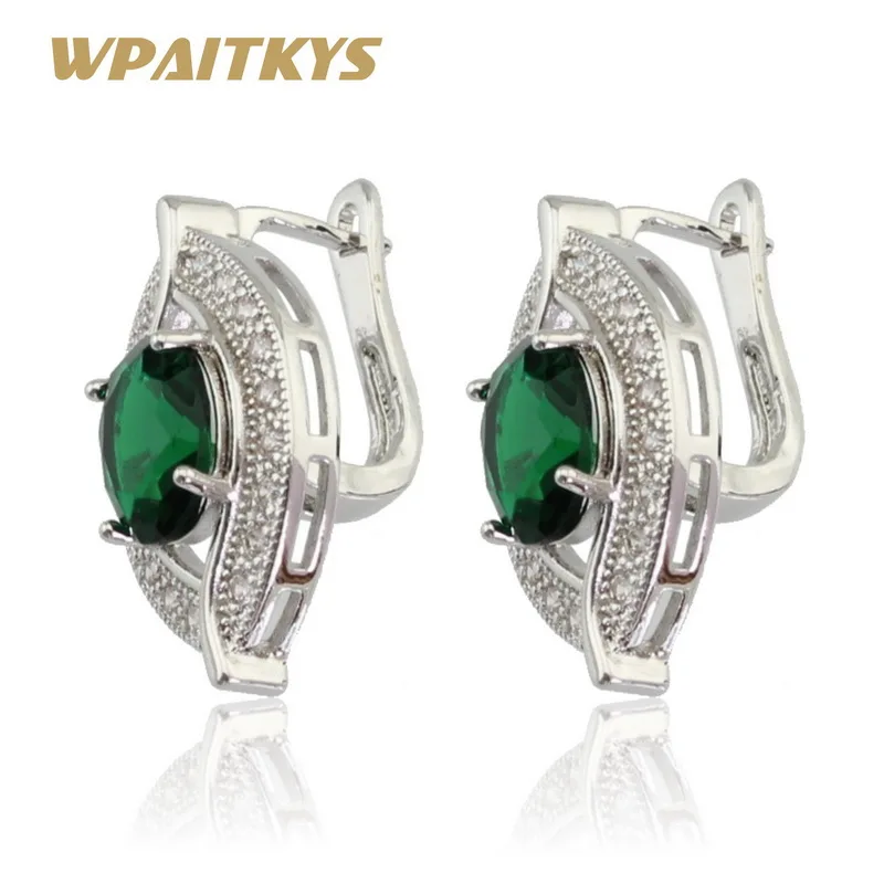 

WPAITKYS Green Crystal White Stones Silver Color Hoop Earrings For Women Fashion Jewelry Free Gift Box