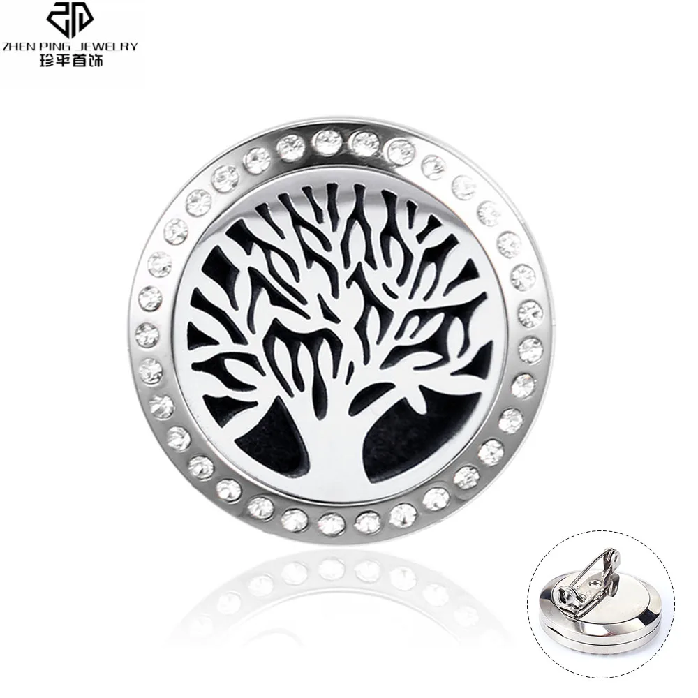 

Tree of Life Essential Oil Diffuser Brooches Crystal Aromatherapy Diffuser Stainless Steel Magnetic Locket Flower Perfume Brooch