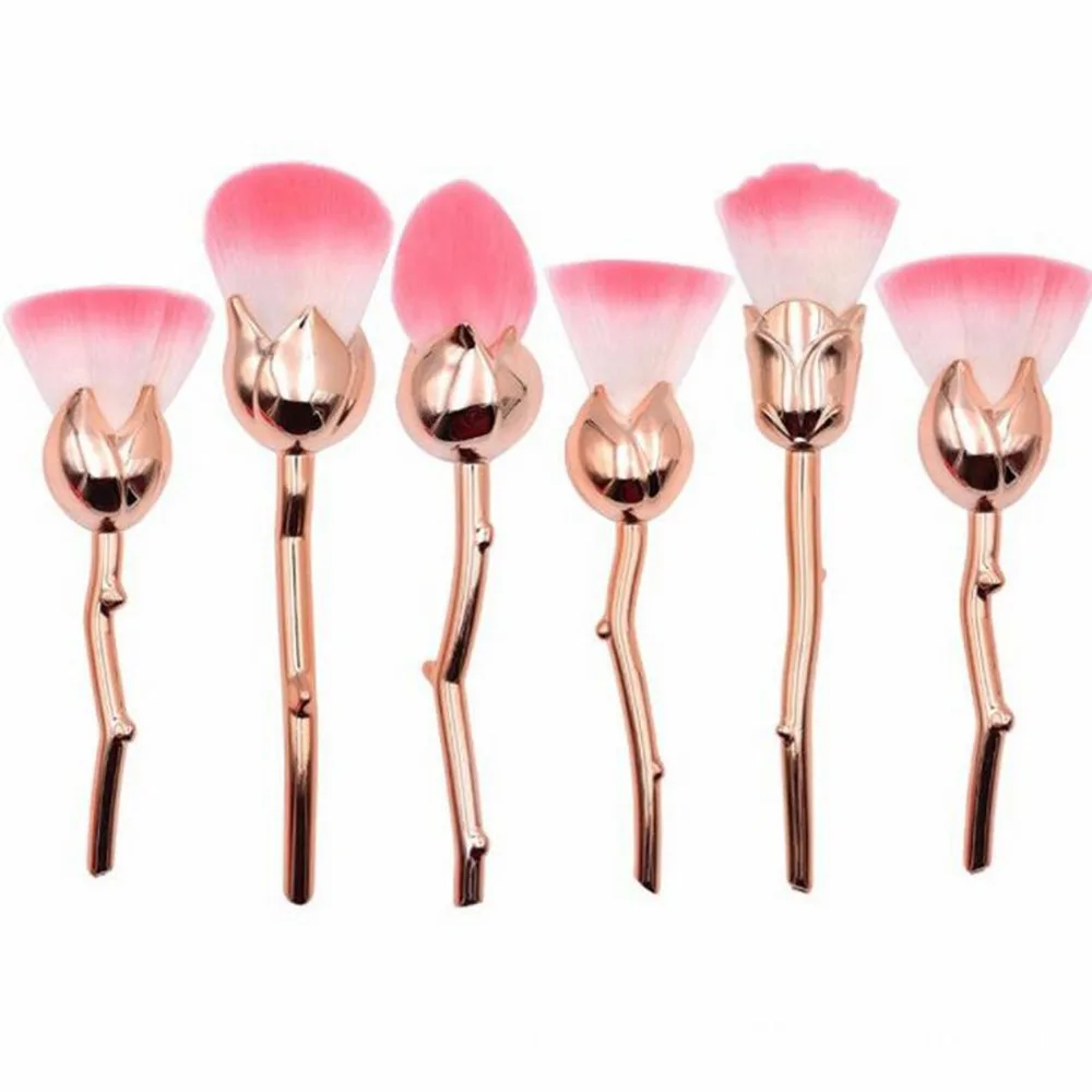 6pcs/set Beauty Roses Makeup Brush Set Plating Metal Spiral Handle Blush Eyebrow Foundation Brush Cosmetic Tool Set