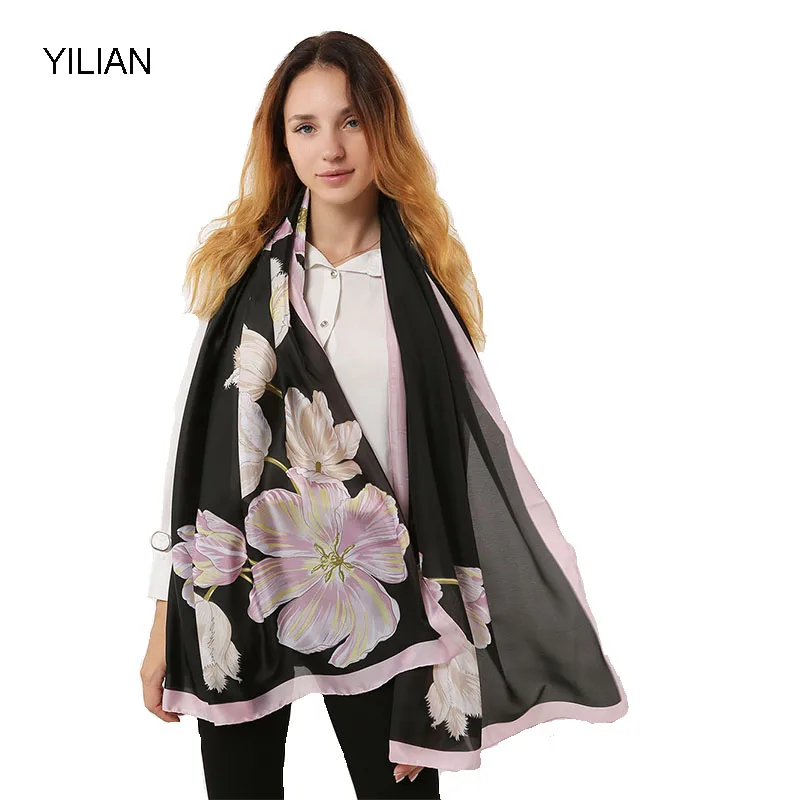 

YILIAN Brand Print Simple Flower Pattern Beach Silk Shawl Women New four Seasons Wild Basic Fashion Section Scarf Women SF1124