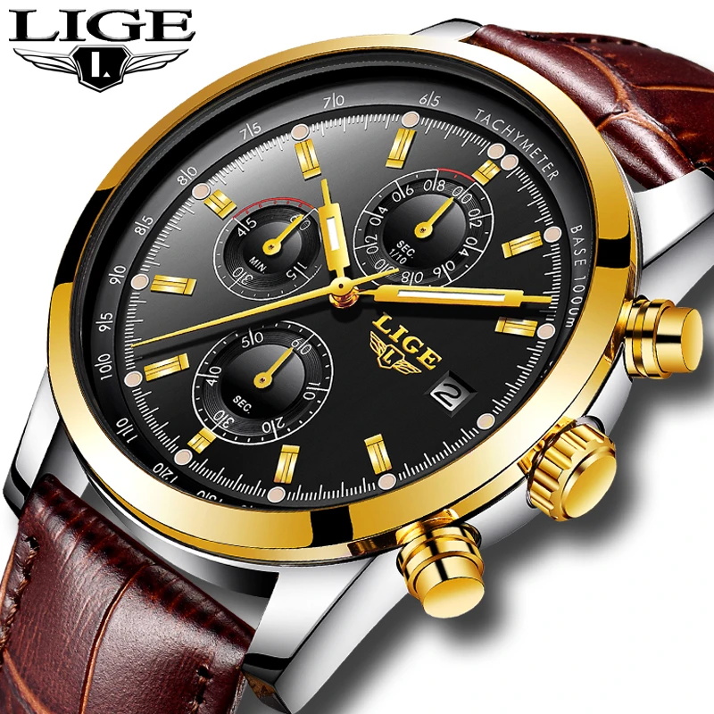 

Relogio Masculino LIGE Men's Watch Top Luxury Brand Men's Military Waterproof Sports Watch High Quality Leather Quartz Clock+Box