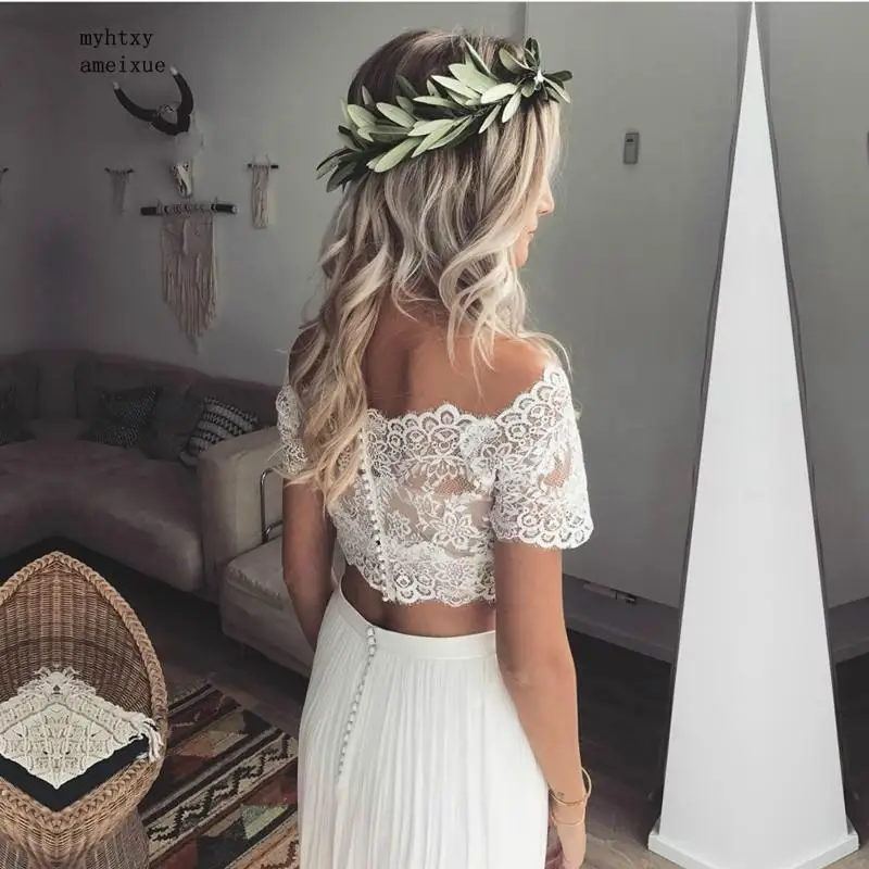 Arabic Sexy Cheap Wedding Dress Two Pieces Boho Short Sleeves Chiffon Flowing Bohemian Beach Dresses Crop Tops Plus Size