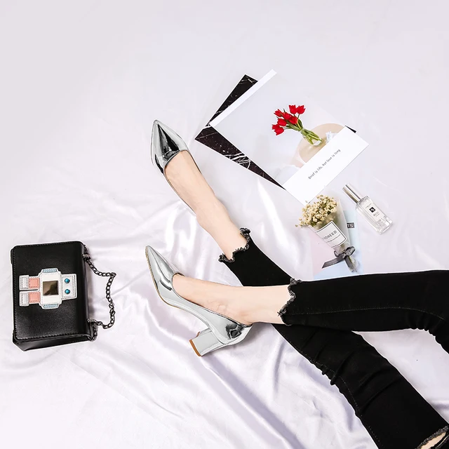 High Heels Shoes Women Pumps Patent leather Spring Single Woman Dress Shoes Spring Thick Heels Pointed Toe Leopard Female Pumps