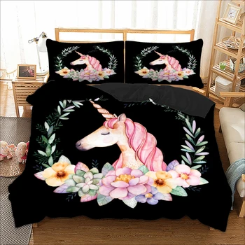 

Cartoon Unicorn pattern Twin Full Queen King sizes polyester double bedspread duvet cover set with pillowcases bed linens set