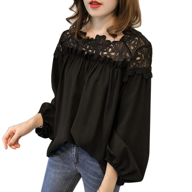 

Summer Women's Chiffon Lace Blouse Lantern Sleeve Slash Neck Hollow Crochet Flower Pullover Tops 3XL 4XL