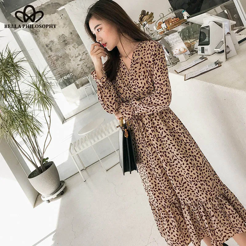 

Heydress Elegant V-neck Print Chiffon Dress autumn Long Flare Sleeve Ruffles Elastic Loose Female Long Maxi Dress Chic Vestidos