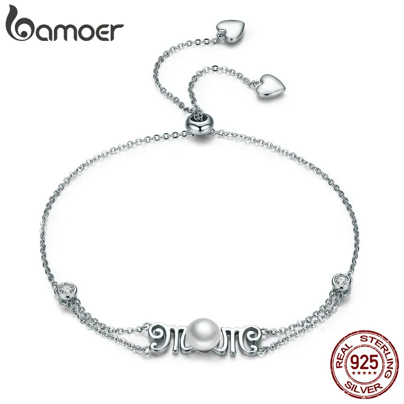 

BAMOER 100% 925 Sterling Silver Mother Gift for Mother Lace up Heart Clasp Chain Link Women Bracelet Silver Jewelry SCB063