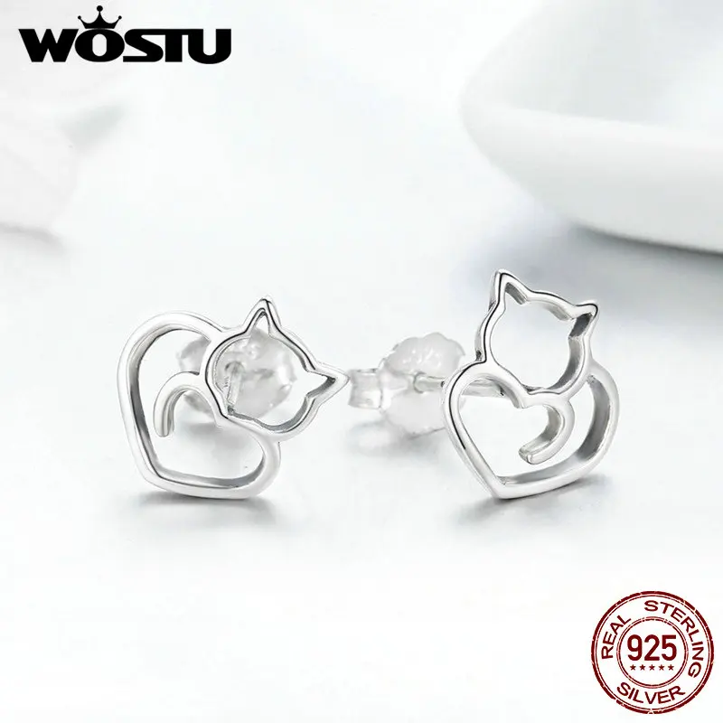 Женские серьги пусеты WOSTU из серебра 925 пробы с милым котом модные Оригинальные