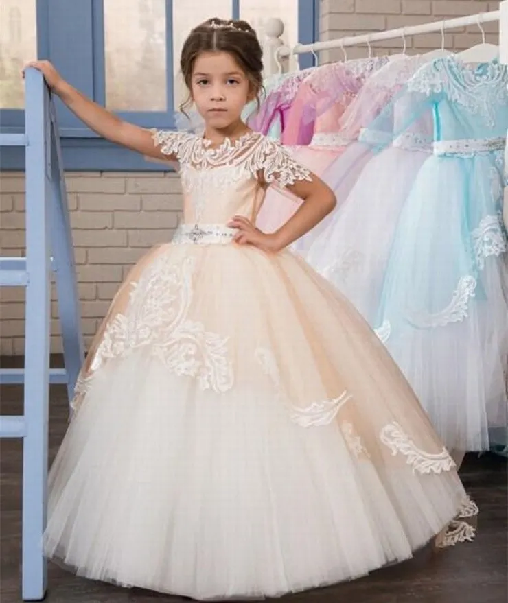 Кружевное платье принцессы с цветочным узором для девочек; бальное платье с короткими рукавами; фатиновое платье для первого причастия; ytz240
