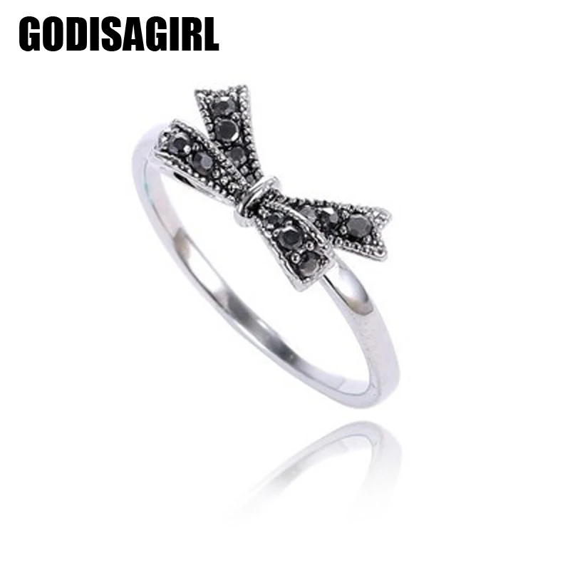 Винтажное Стильное кольцо с бантом и полностью кристаллами, женское серебряное покрытое ювелирное черное кольцо, милый подарок, бижутерия