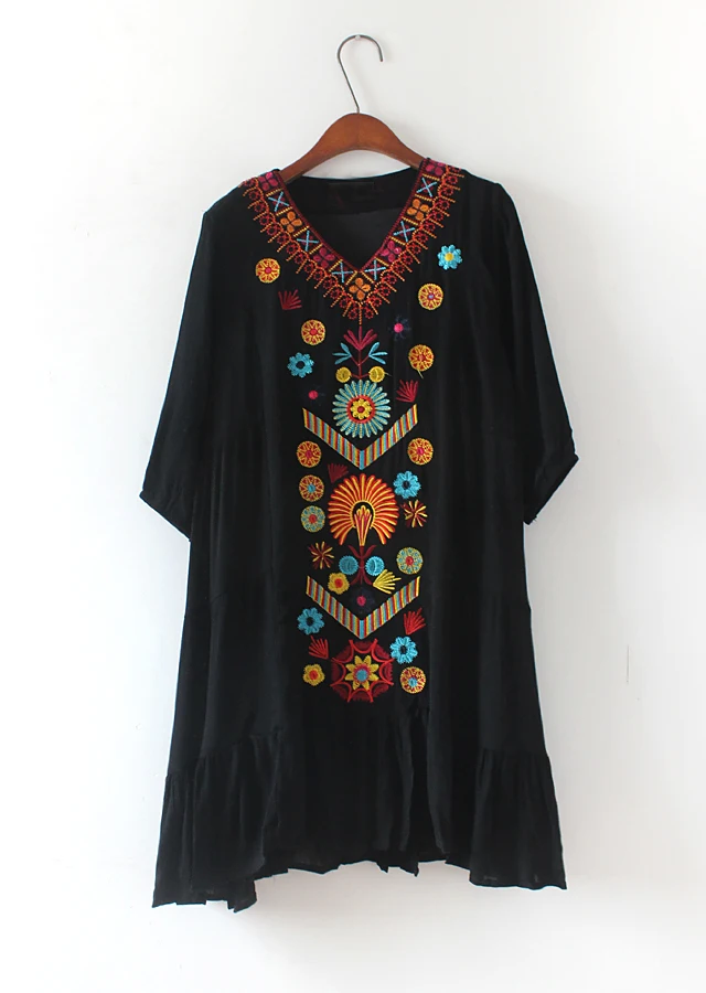 TingYiLi богемное пляжное платье с вышивкой винтажное цветочное этническое женское платье летнее Черное Красное бежевое синее белое короткое платье