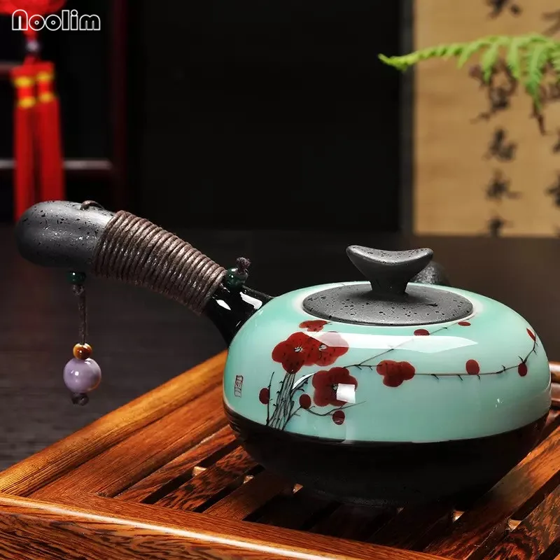 NOOLIM Yixing керамический чайный горшок в китайском стиле, чайный горшок с деревянной ручкой, винтажный чайный набор кунг-фу с ручной росписью в виде лотоса - Цвет: D