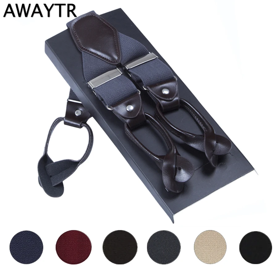 

AWAYTR Suspenders Men Leather Alloy 6 Buttons Braces Men Adjustable Men Suspenders Commercial Western Style Trousers Strap