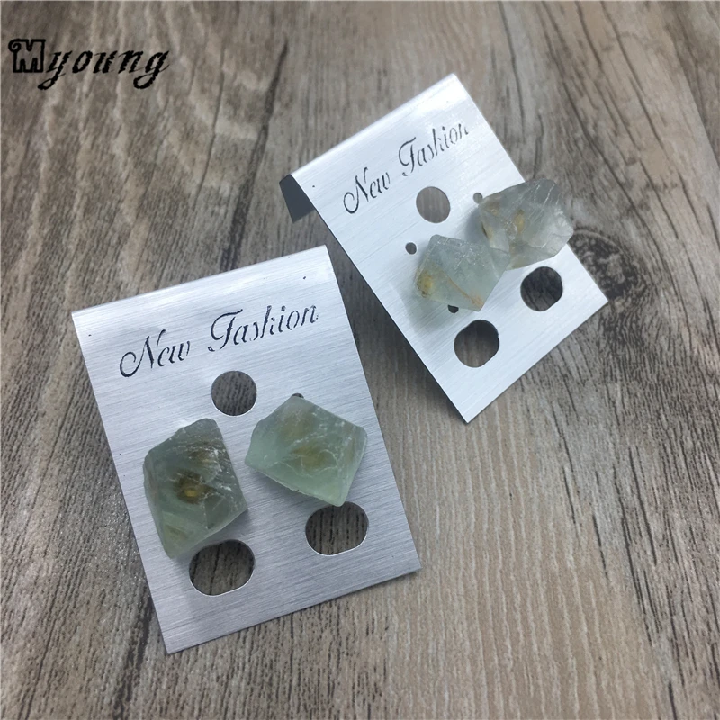 

Raw Freeform Green clear fluorite Stud Earrings,nature stone Nugget charm Crystal druzy earring gold color MY1419