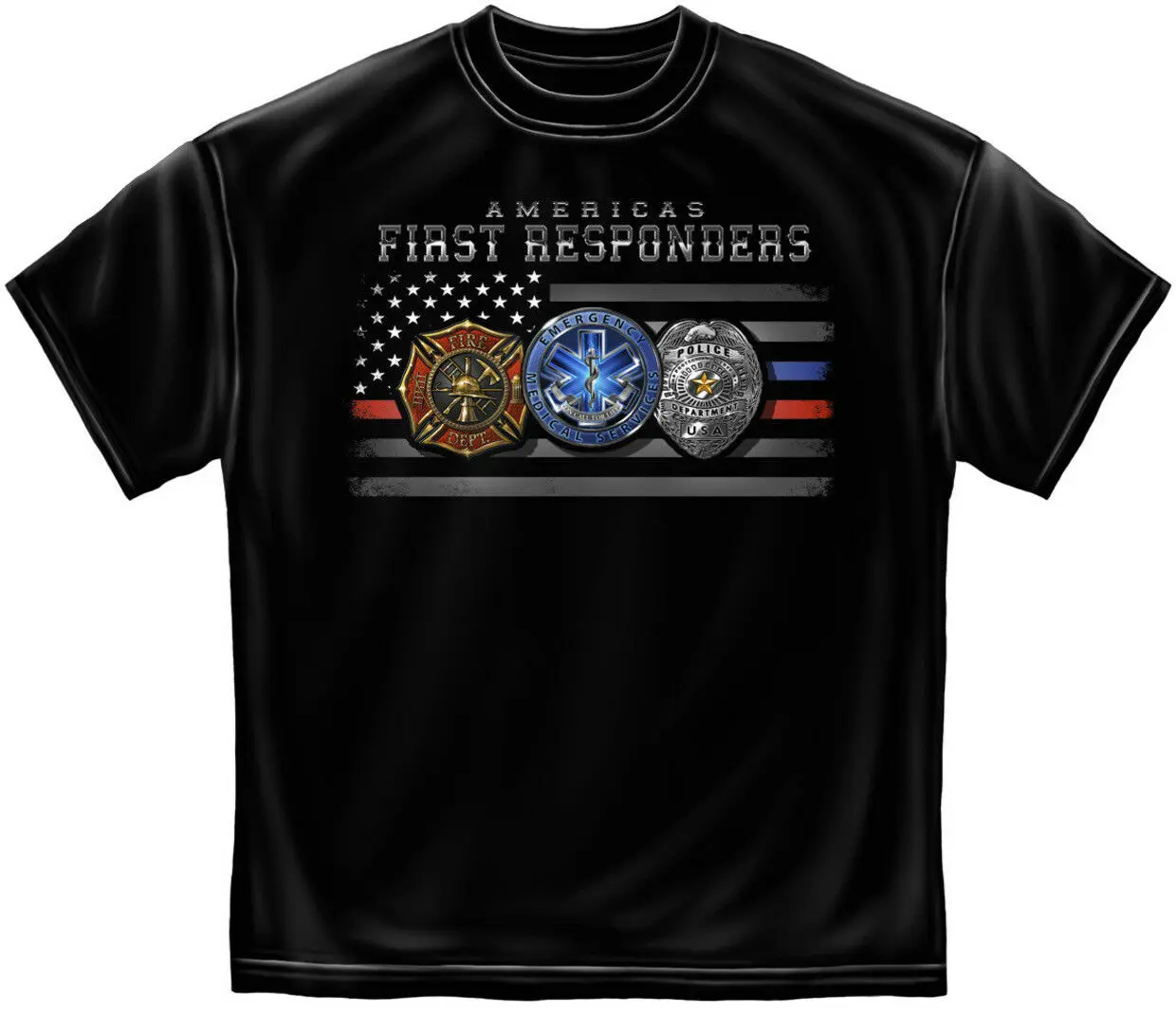 

Firefighter Police EMS Badge T Shirt Thin Red Blue Line American Flag Tee S-3XL