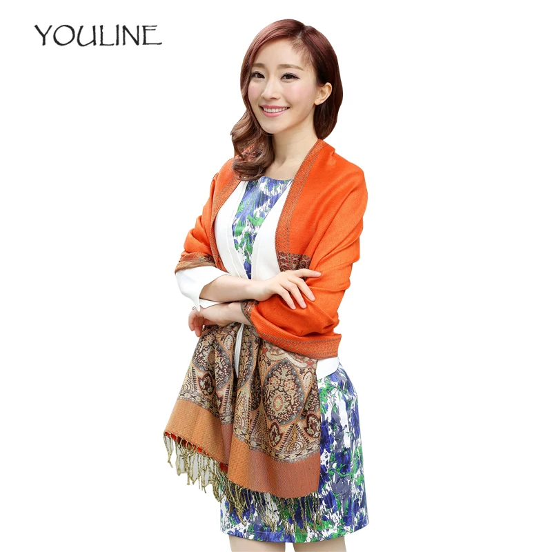 

YOULINE Winter scarf luxury brand cashmere tassels scarves for women national style print ponchos capes bufandas mujer S17518