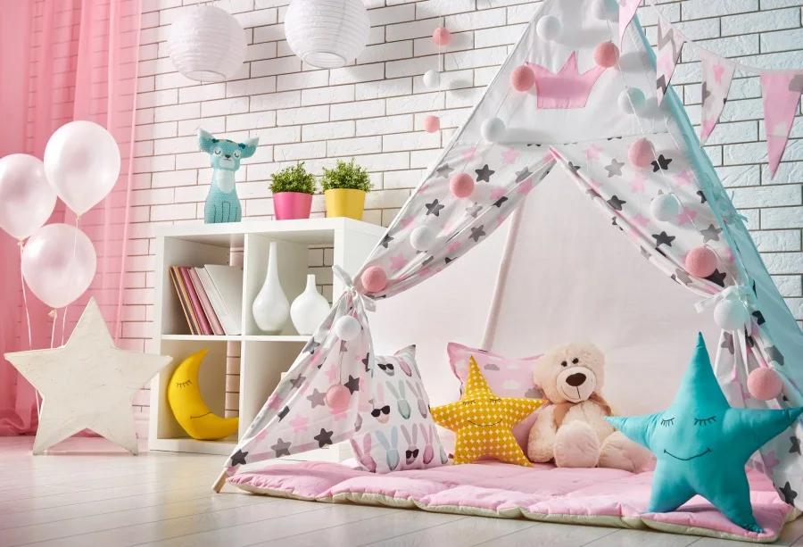 

Spacious children room with play tent for girl Photo Background Photography Backdrops Quality Vinyl