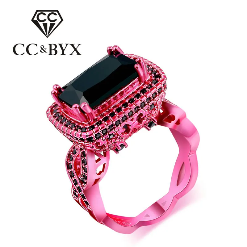 

Sterling-silver-jewelry pink gold color rings for women romantic wedding bands black stone ring luxury trendy jewelry DD042