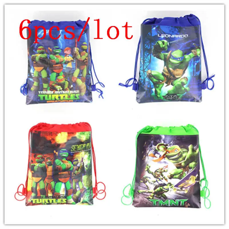 

Ninja Turtle Theme 6Pcs/Lot Colorful Drawstring Bags Boy Favor Cartoon String School Bags Event Party Candy Gift Bags Supply