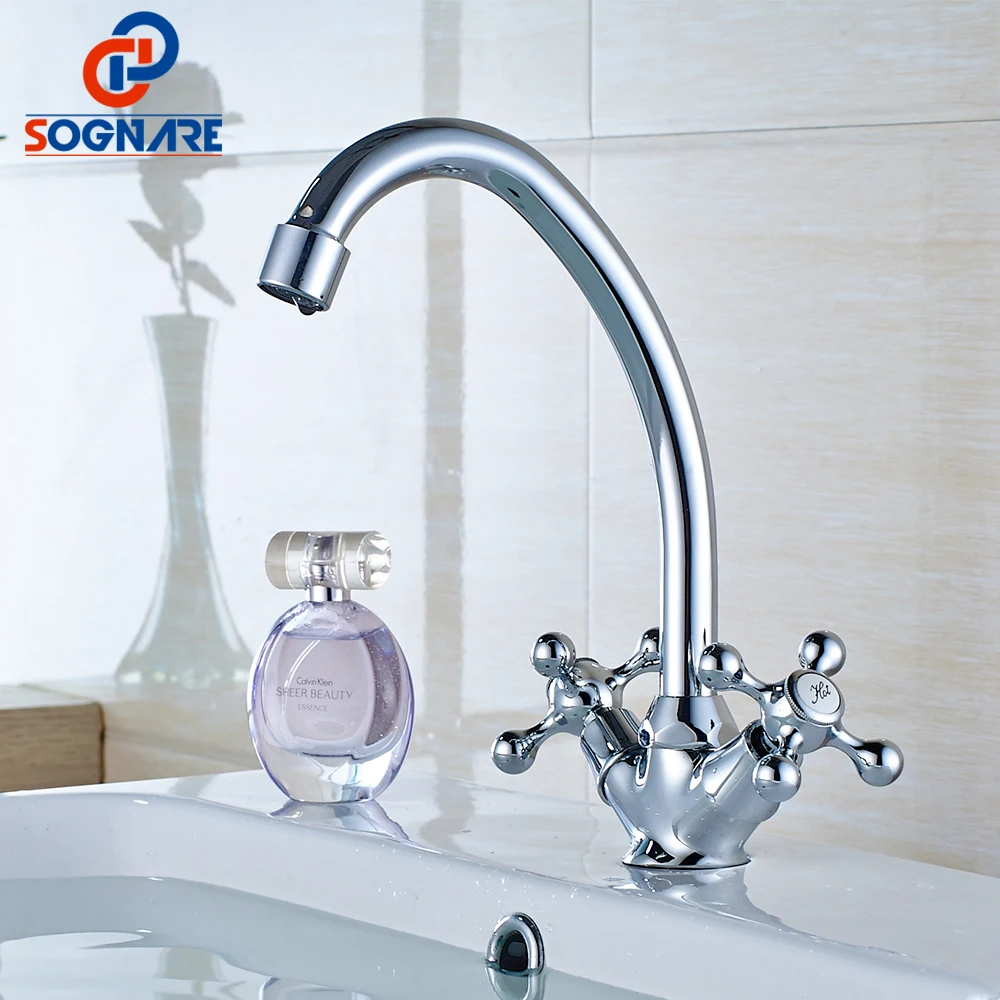 

SOGNARE Double Handles Basin Faucet Mixer Chrome Polished Cold and Hot Single Hole Water Faucet Tap 360 Degree Rotation D4101